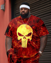 Men's Large Size Squid Fire Skull Street Cartoon Color Block Graffiti Short Sleeve Shorts Suit